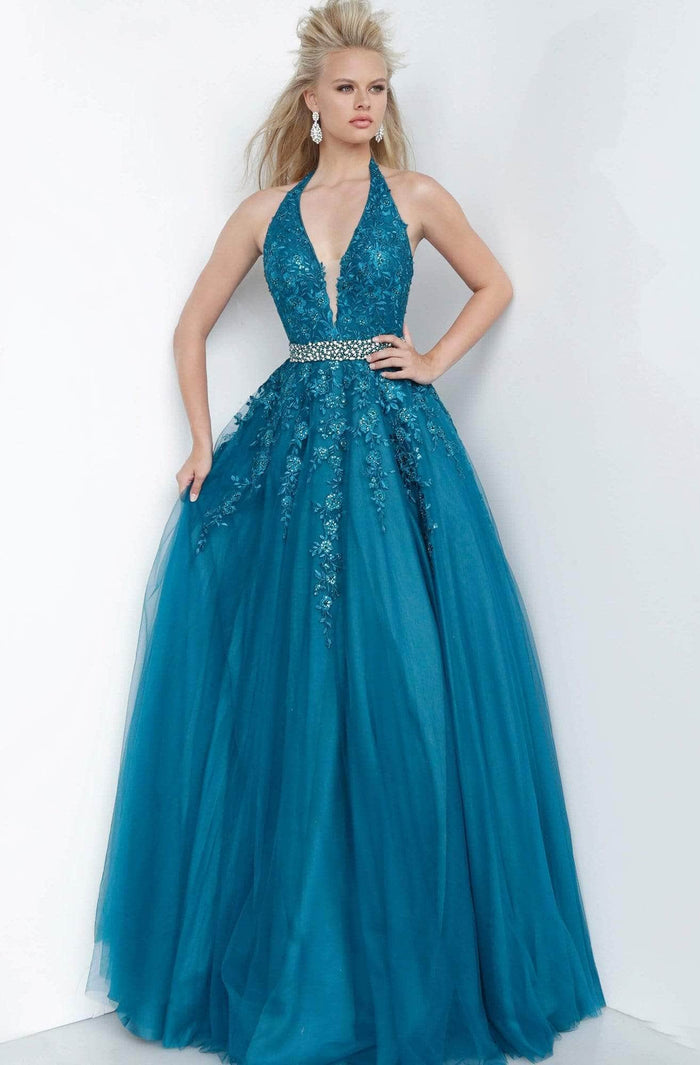 JVN by Jovani - Beaded Halter Evening Gown JVN00923SC - 1 pc Teal In Size 22 Available CCSALE 22 / Teal