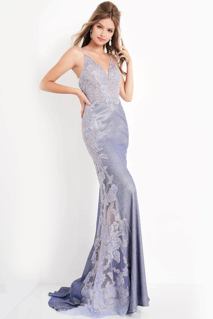 JVN by Jovani - JVN2205 Embrodered Illusion Glitter Sheath Gown Evening Dresses 00 / Periwinkle