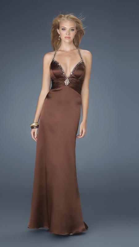 La Femme - 14303 Plunging Beaded Silk Bodice Evening Dress - 1 pc Chocolate in Size 6 and 1 pc Chocolate in Size 8 Available CCSALE 6 / Chocolate