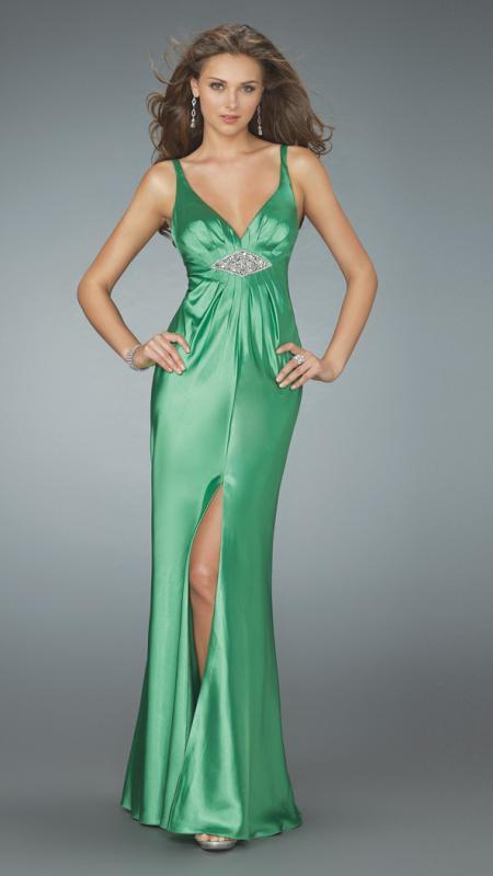 La Femme - 14600 Resplendent Halter-Style Sheath Gown with Center Slit Special Occasion Dress 00 / Electric Green