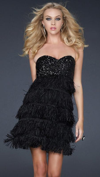 La Femme - 17078 Black Feathery Empire Waist Cocktail Dress – Couture Candy