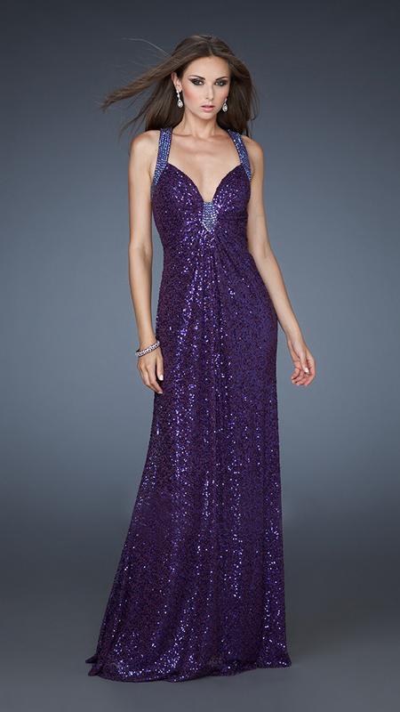 La Femme 18421 Sequin Ornate Gathered Bodice Long Sheath Gown CCSALE 2 / Majestic Purple