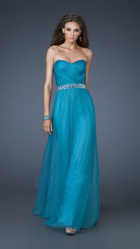 La Femme - 18656 Pleated Surplice Bodice Strapless Sweetheart Gown - 1 Pc. Peacock/Turquoise in size 2 Available CCSALE 2 / Peacock/Turquoise