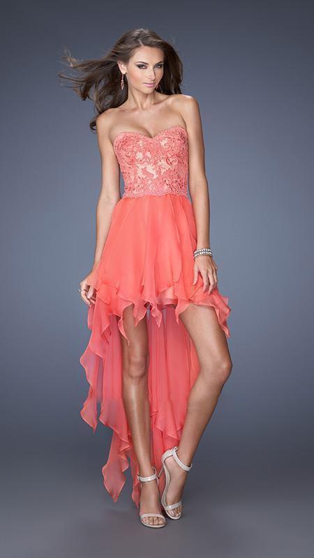 La Femme - 19607 Lace Sweetheart Handkerchief High-Low Gown Special Occasion Dress 00 / Hot Coral