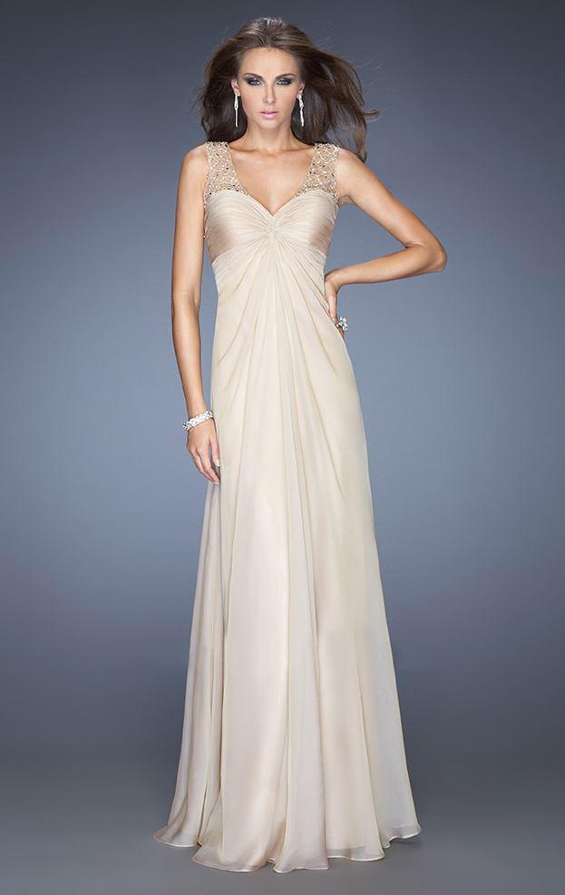 La Femme - 20122 Sleeveless Ruched Long Dress in Nude CCSALE 00 / Nude