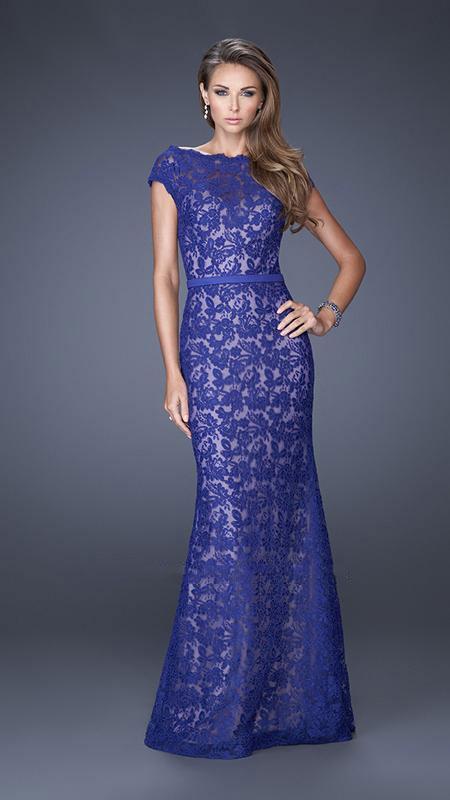 La Femme - 20503 Scalloped Fitted Lace Evening Dress - 1 pc Indigo in Size 6 Available CCSALE 6 / Indigo