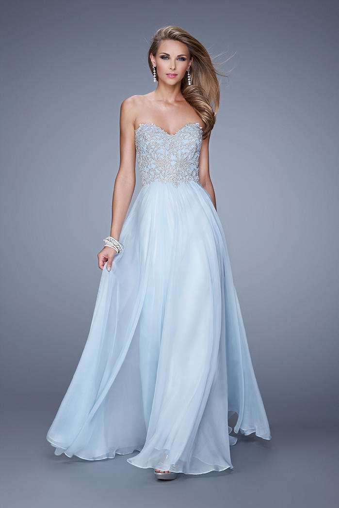 La Femme 20888 Strapless Embroidered Chiffon A-line Dress - 1 Pc. Powder Blue in size 10 Available CCSALE 10 / Powder Blue