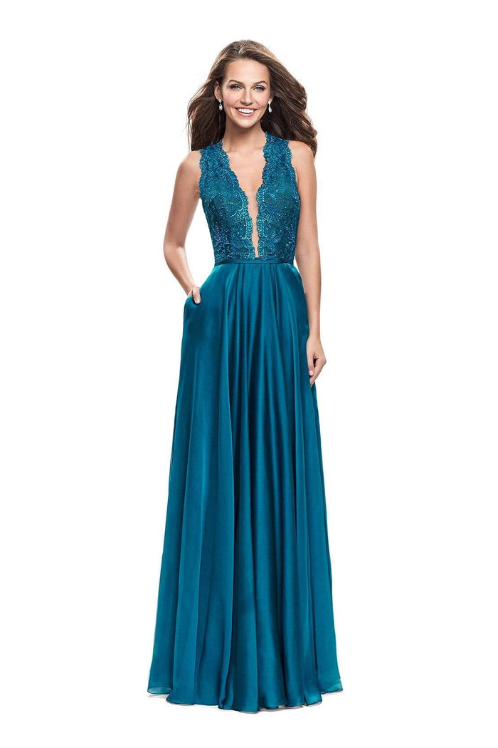 La Femme - 25487 Plunging Scalloped Lace Chiffon Dress Special Occasion Dress 00 / Dark Teal