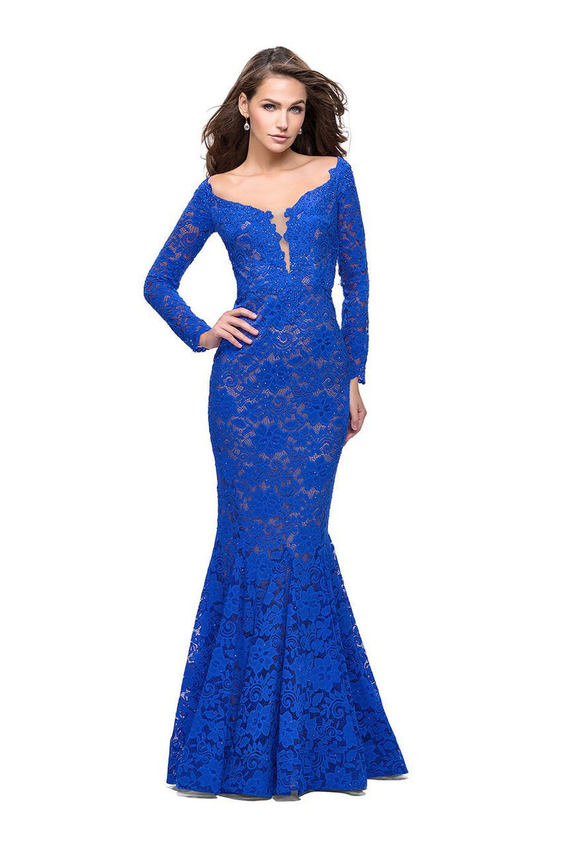 La Femme - 25607 Beaded Long Sleeve Lace Mermaid Dress – Couture Candy