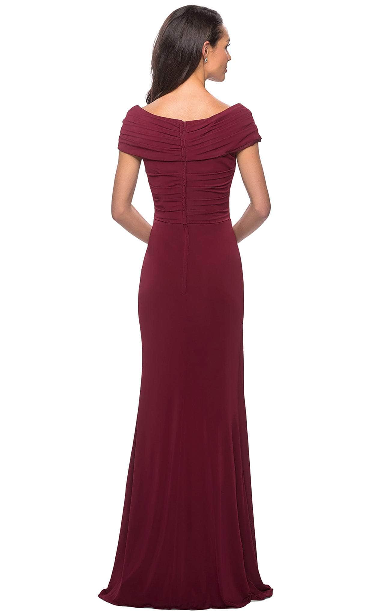 La Femme - 26519 Off Shoulder V Neck Long Sheath Jersey Gown – Couture Candy
