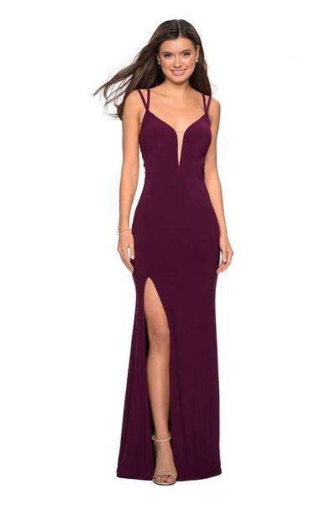 La Femme - 27072 Plunging Strappy Back High Slit Gown – Couture Candy
