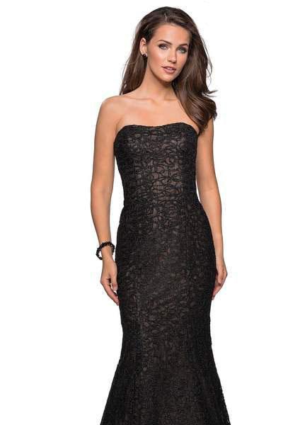 La Femme - 27267 Strapless Sweetheart Neck Metallic Lace Trumpet Gown Special Occasion Dress 00 / Black