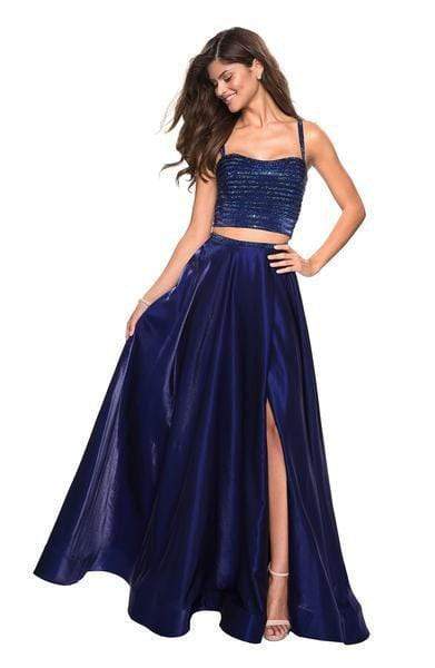 La Femme - 27607 Two Piece Rhinestone Accented Satin A-line Dress Prom Dresses 00 / Navy