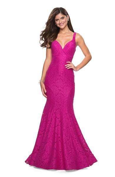 La Femme - 27623 Strappy Low Back Lace Mermaid Gown Special Occasion Dress 00 / Hot Pink