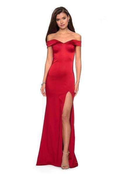 La Femme - 27752 Off Shoulder High Slit Long Fitted Satin Dress