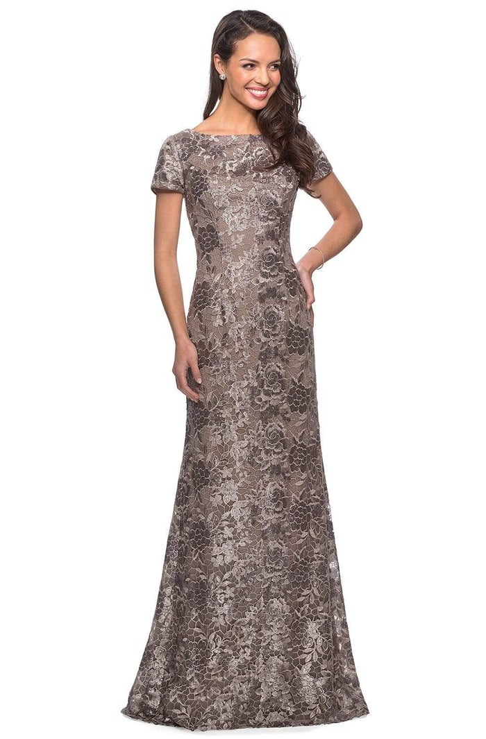 La Femme - 27884 Floral Bateau Evening Dress Special Occasion Dress 4 / Cocoa