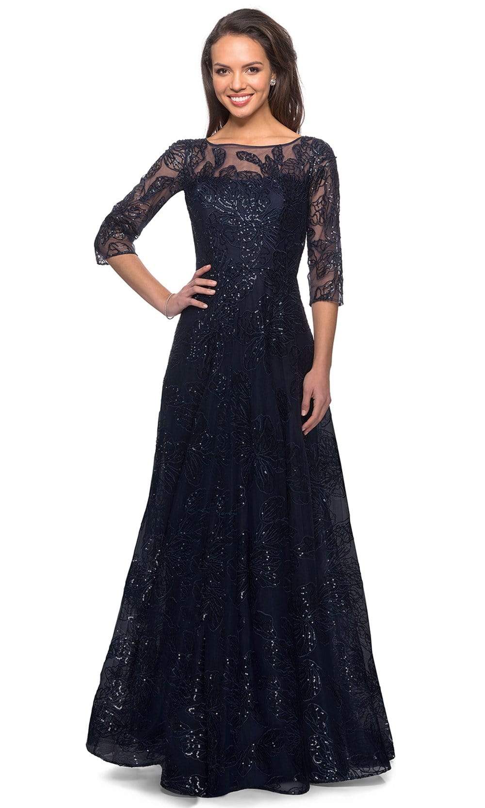La Femme - 27942 Quarter Sleeve Sequined Lace A-Line Dress – Couture Candy