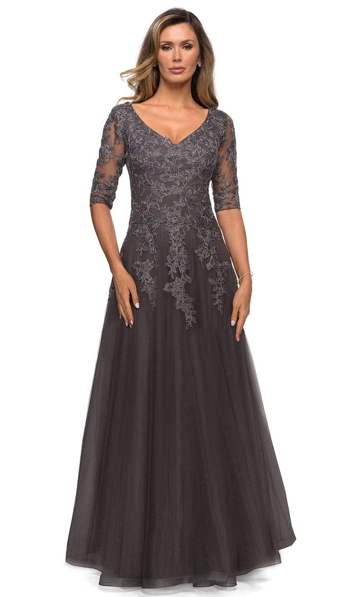 La Femme - 27993 Floral Lace V Neck A-Line Long Dress – Couture Candy