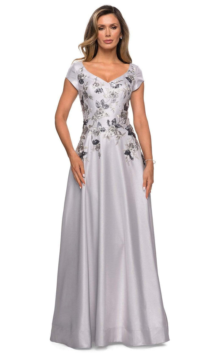 La Femme - 28105 Floral Embellished V Neck Evening Gown Mother of the Bride Dresses 2 / Silver