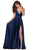 La Femme - 28607SC Spaghetti Strap Deep V Neck High Leg Slit Satin Gown CCSALE 4 / Navy