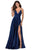 La Femme - 28607SC Spaghetti Strap Deep V Neck High Leg Slit Satin Gown CCSALE 8 / Royal Blue