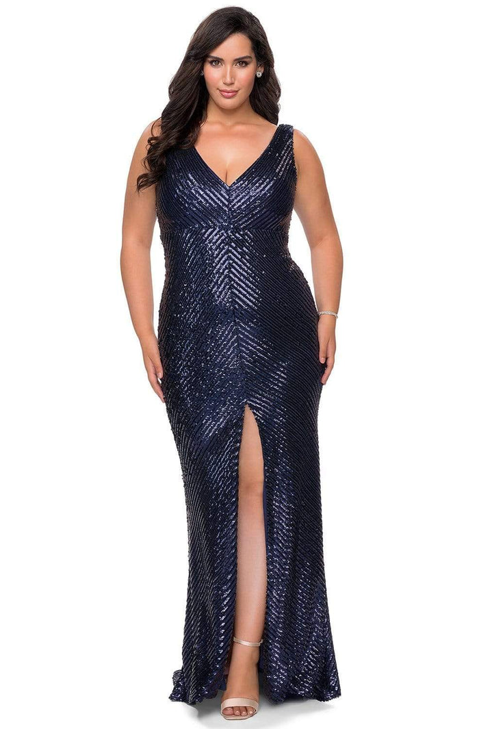 La Femme - 28796 Sequined V-Neck Dress with Slit Evening Dresses 12W / Navy