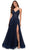 La Femme - 29076 V-Neck Semi-Sheer Bodice High Slit A-Line Gown Special Occasion Dress 00 / Navy