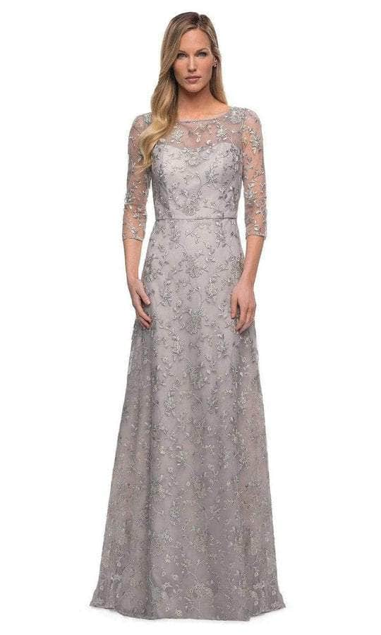 La Femme - 29153 Illusion Bateau Neck Long Gown - 1 pc Pearl Silver In Size 14 Available CCSALE 14 / Pearl Silver