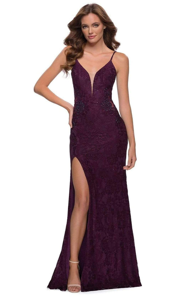 La Femme - 29679 Embellished Lace Deep V Neck Trumpet Dress – Couture Candy