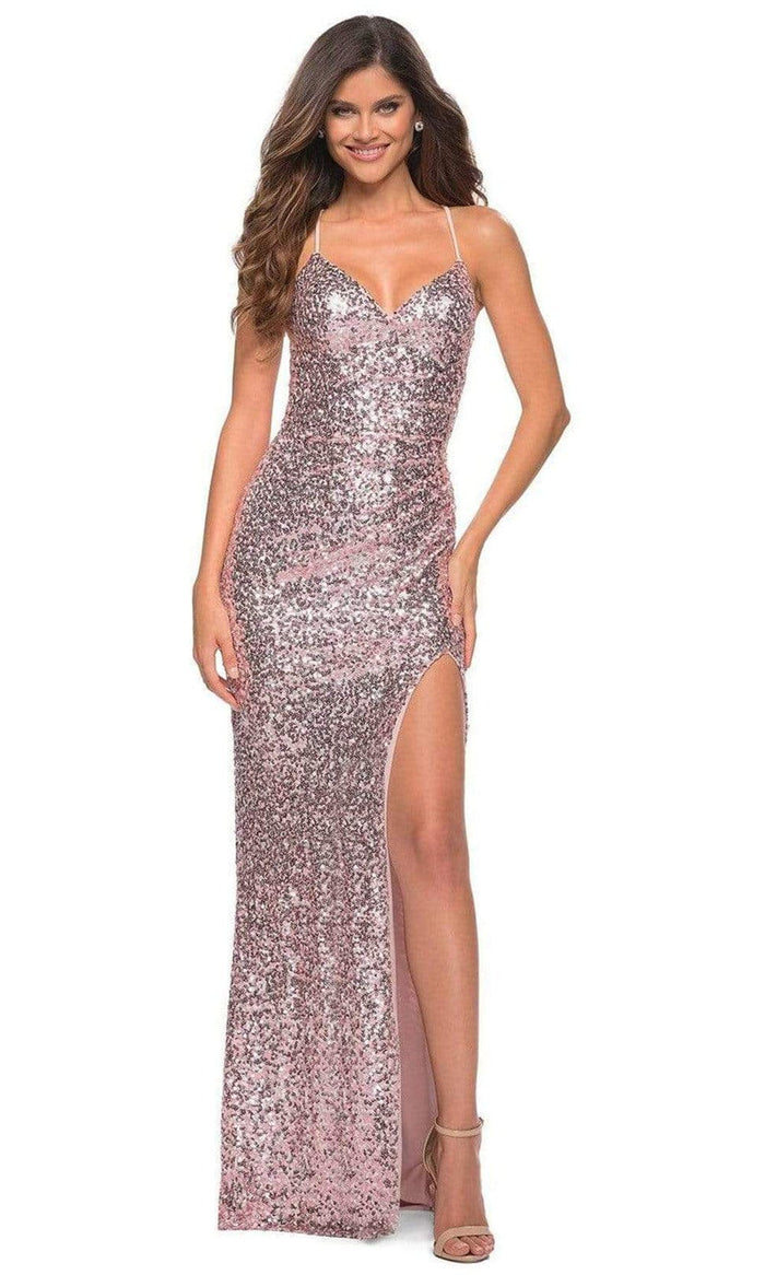 La Femme - 29896 V Neck Sequined Slit Gown Prom Dresses 00 / Pink/Silver