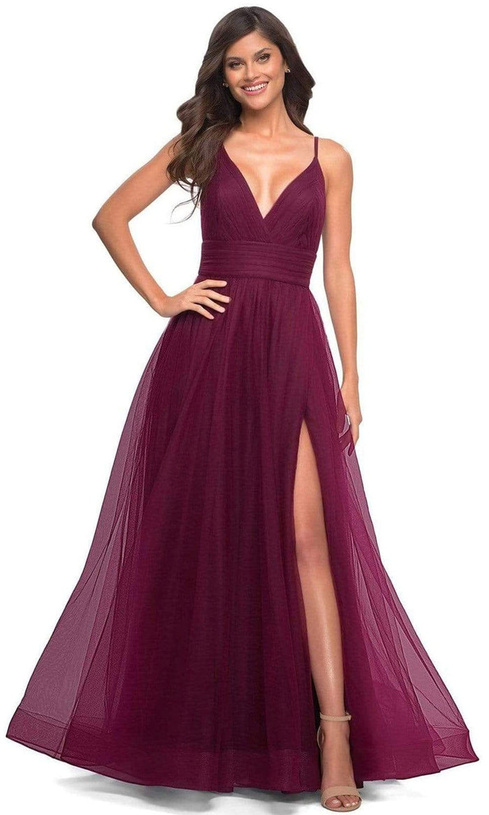 La Femme - 30180 Spaghetti Strap Tulle A-Line Gown Prom Dresses 00 / Dark Berry