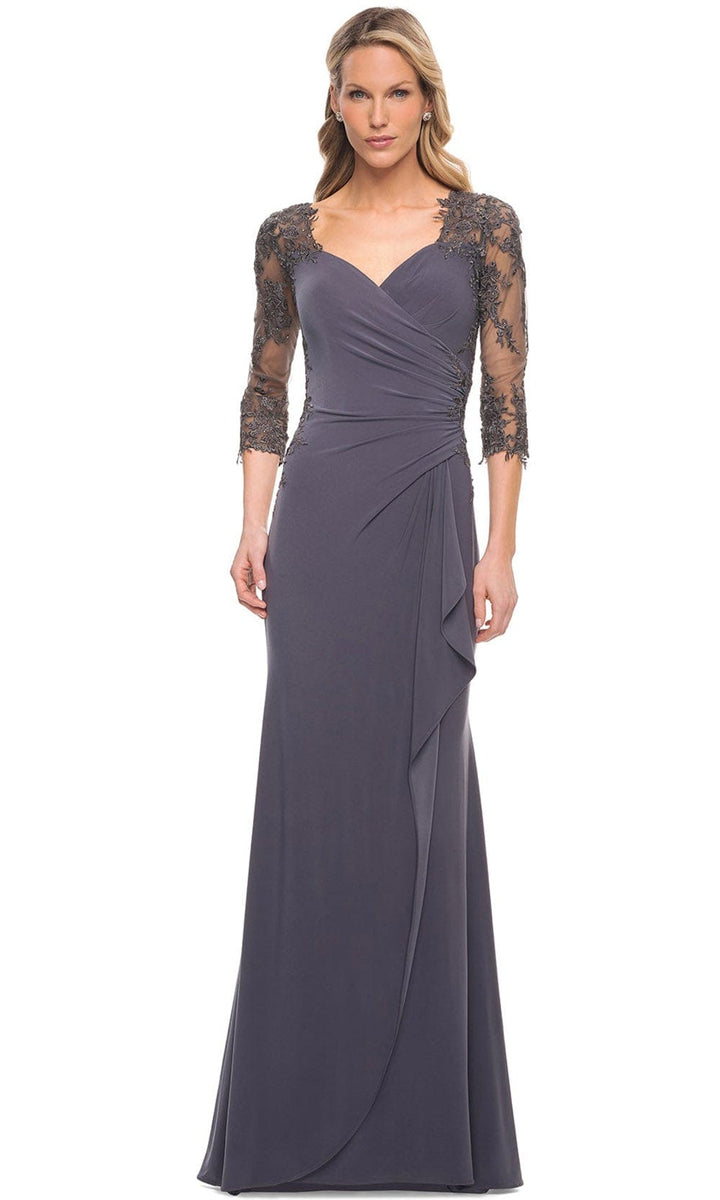 La Femme 30384 - Lace Covered Sleeves Net Jersey Gown – Couture Candy