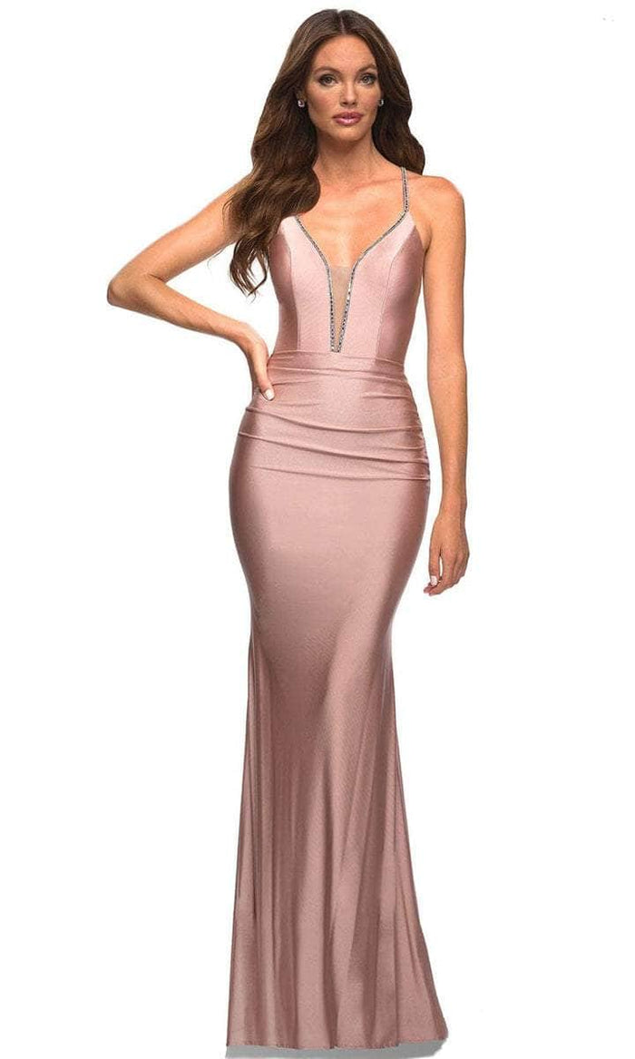 La Femme - 30446SC Bejeweled Deep V-neck Long Gown - 1 pc Mauve In Size 2 Available CCSALE