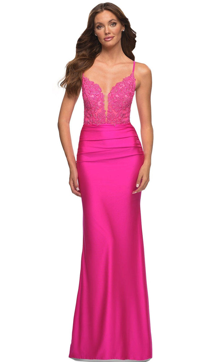 La Femme 30606 - V-Neck Sheath Evening Dress Special Occasion Dress 00 / Neon Pink