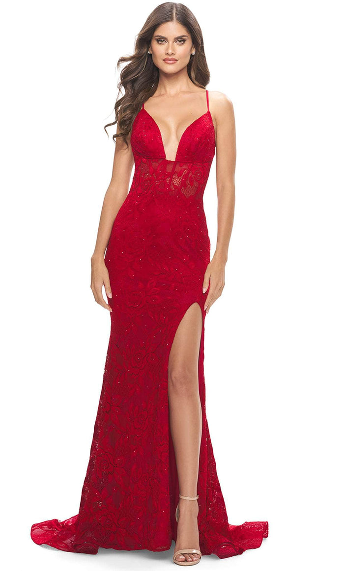 La Femme 31249 - Lace Mermaid Prom Dress Special Occasion Dress 00 / Red