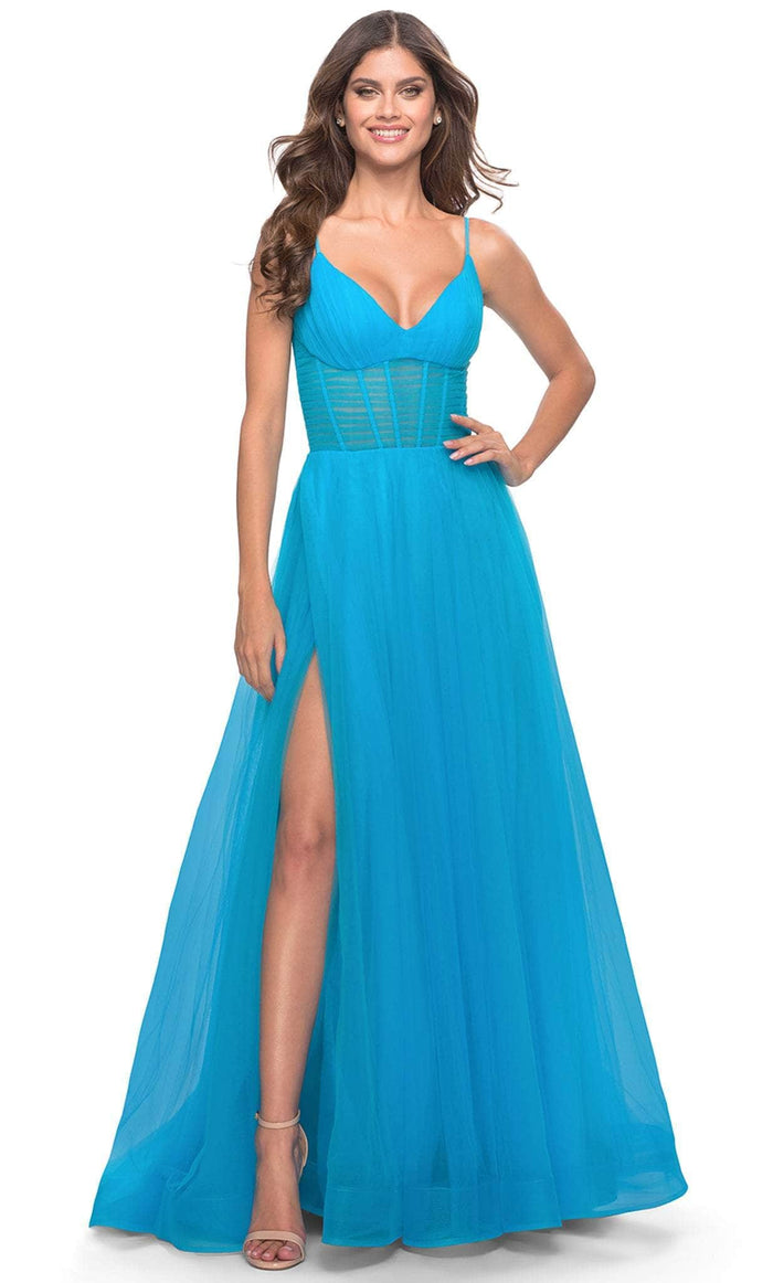 La Femme 31502SC - Sheer Ruched Corset Evening Dress Evening Dresses 00 / Aqua