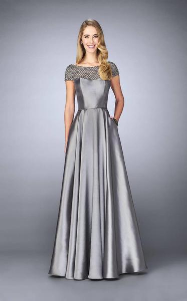 La Femme - Beaded Mikado Evening Gown 24883 CCSALE 14 / Platinum