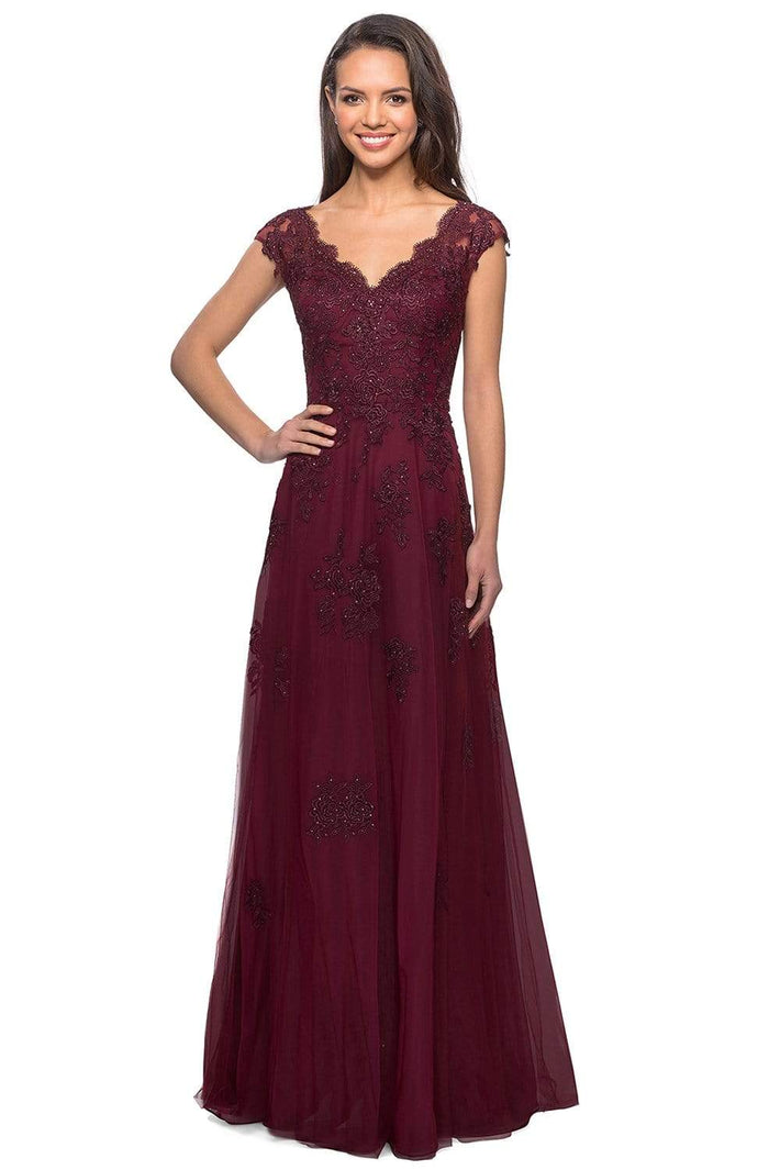 La Femme - Cap Sleeve V-Neck Floral Lace Appliqued Tulle Dress 26942SC - 2 pcs Burgundy In Size 8 and 16 Available CCSALE