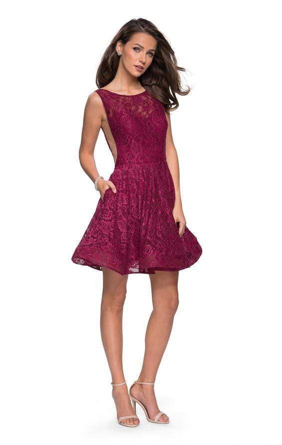 La Femme - Deep Scoop Back Beaded Lace Short Dress 26616SC - 1 pc Boysenberry In Size 4 Available CCSALE 4 / Boysenberry