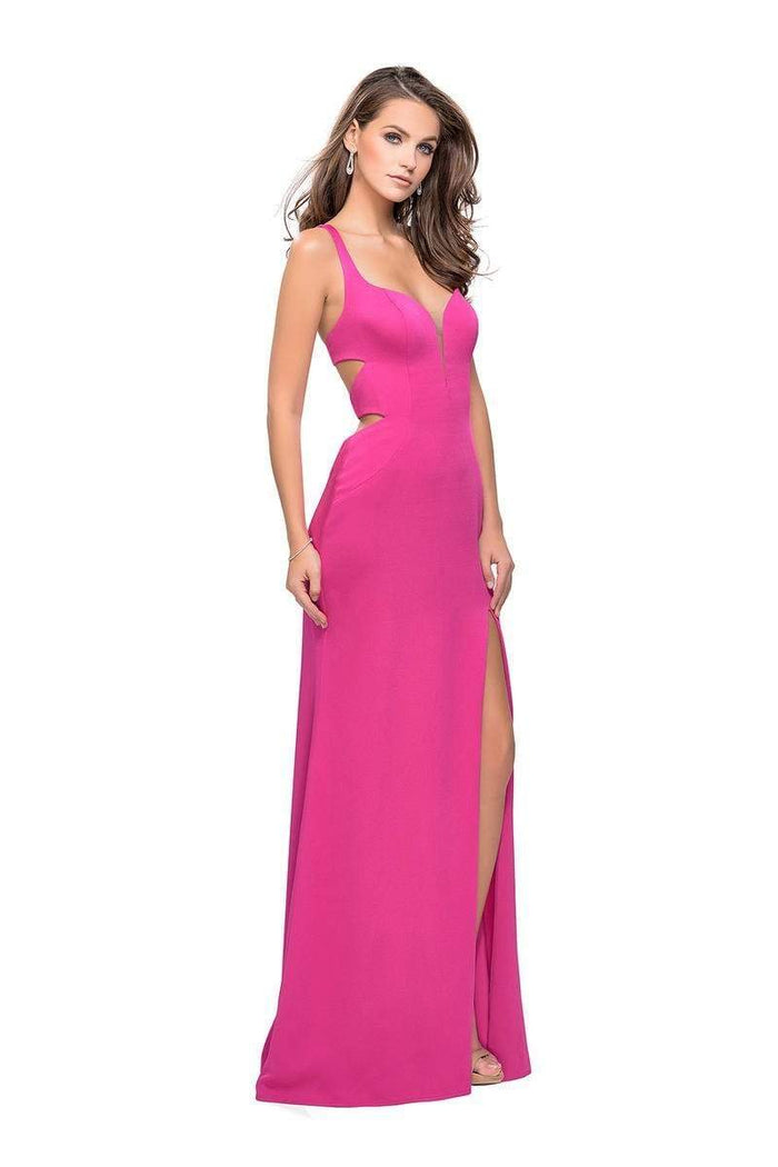 La Femme - Deep V-neck Satin Sheath Evening Gown 25853 CCSALE 2 / Hot Pink