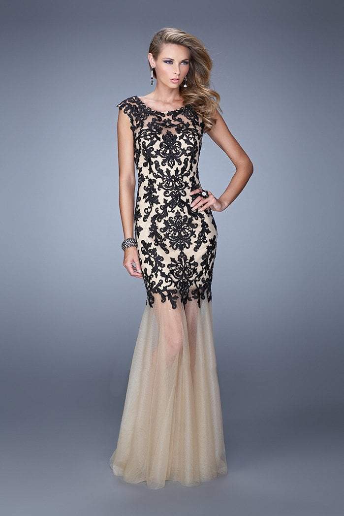 La Femme Embroidered Illusion Bateau Trumpet Dress 21286 CCSALE 0 / Black/Nude