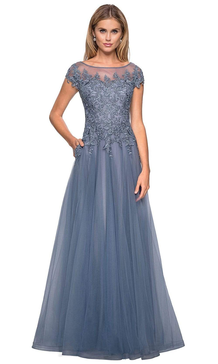 La Femme - Embroidered Lace Bateau A-line Dress 26893 - 1pc Smoky Blue in size 14 Available CCSALE 16 / Smoky Blue