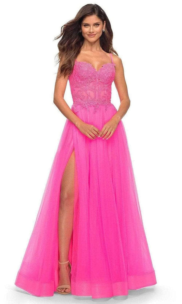 La Femme - Embroidered Tulle Prom Gown 30755SC - 1 pc Neon Pink In Size 6 Available CCSALE 6 / Neon Pink