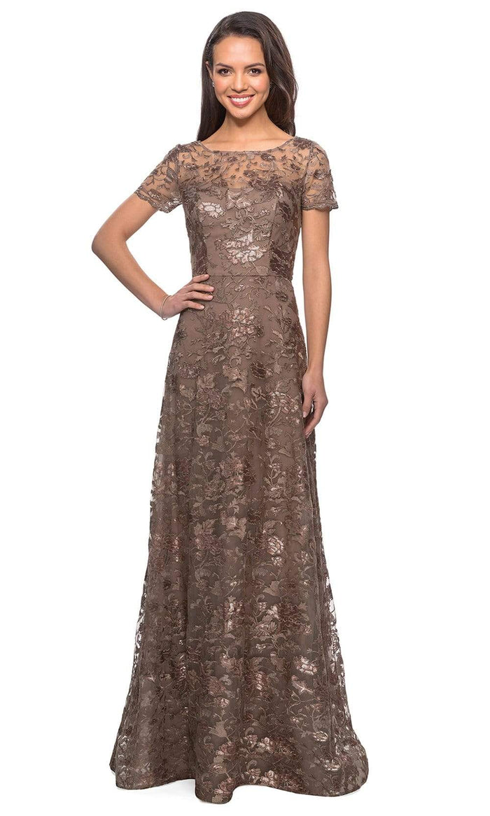 La Femme - Floral Adorned Illusion Bateau Long Gown 27839SC CCSALE 2 / Cocoa