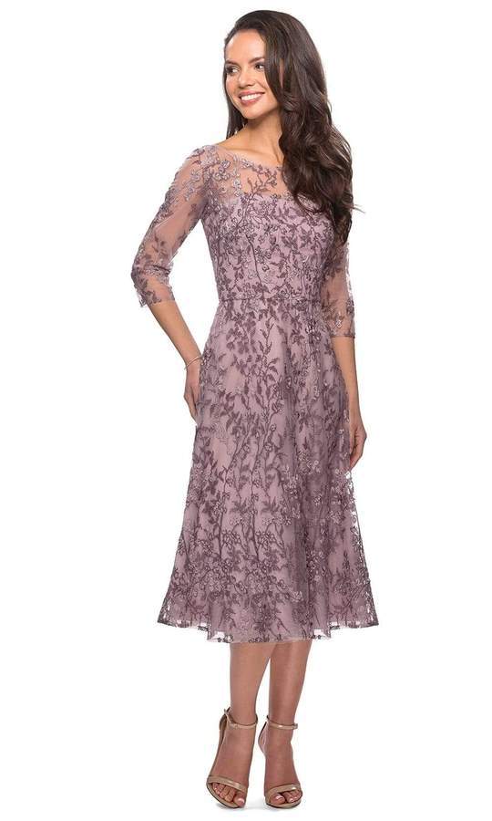 La Femme - Floral Embroidered Illusion Bateau Dress 27971SC - 1 pc Dusty Lilac In Size 12 Available CCSALE 12 / Dusty Lilac