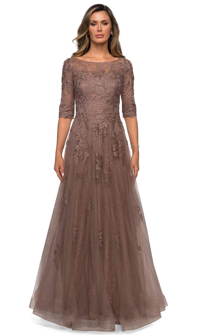 La Femme - Floral Lace A-Line Gown 28036SC - 1 pc Cocoa In Size 4 Available CCSALE 4 / Cocoa