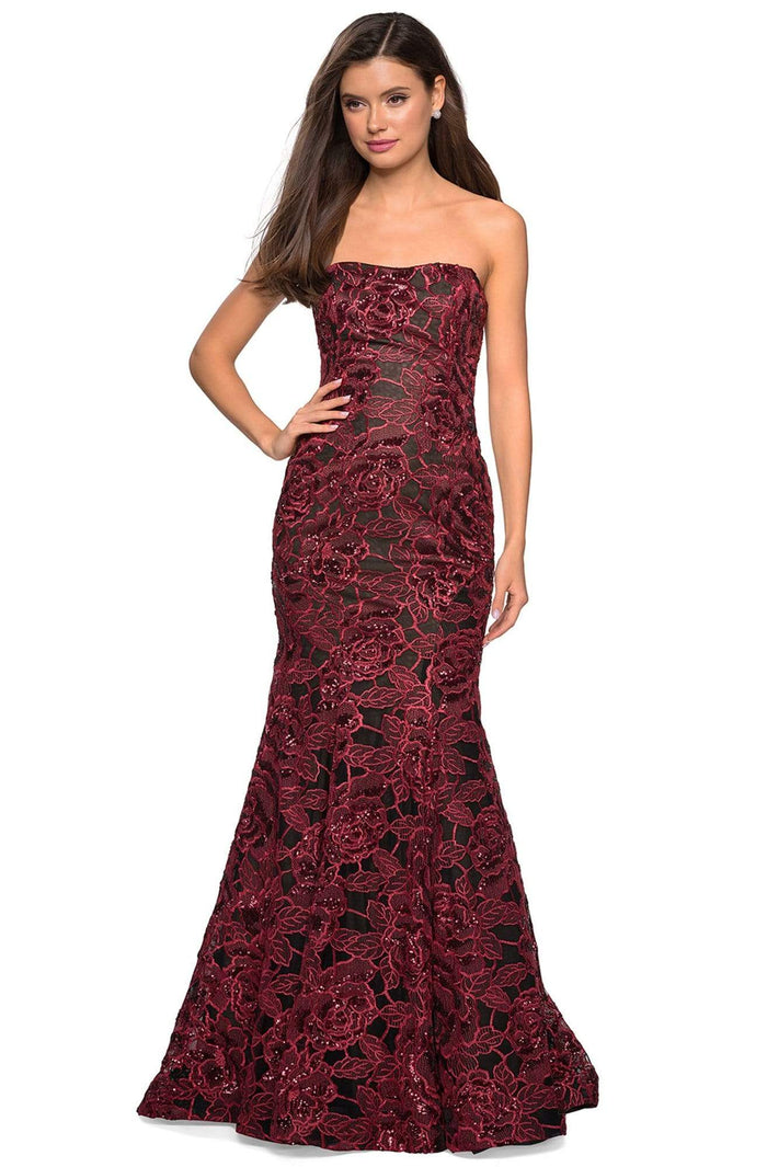 La Femme - Floral Sequined Lace Strapless Mermaid Gown 27178SC - 1 pc Red/Black In Size 6 Available CCSALE 6 / Red/Black