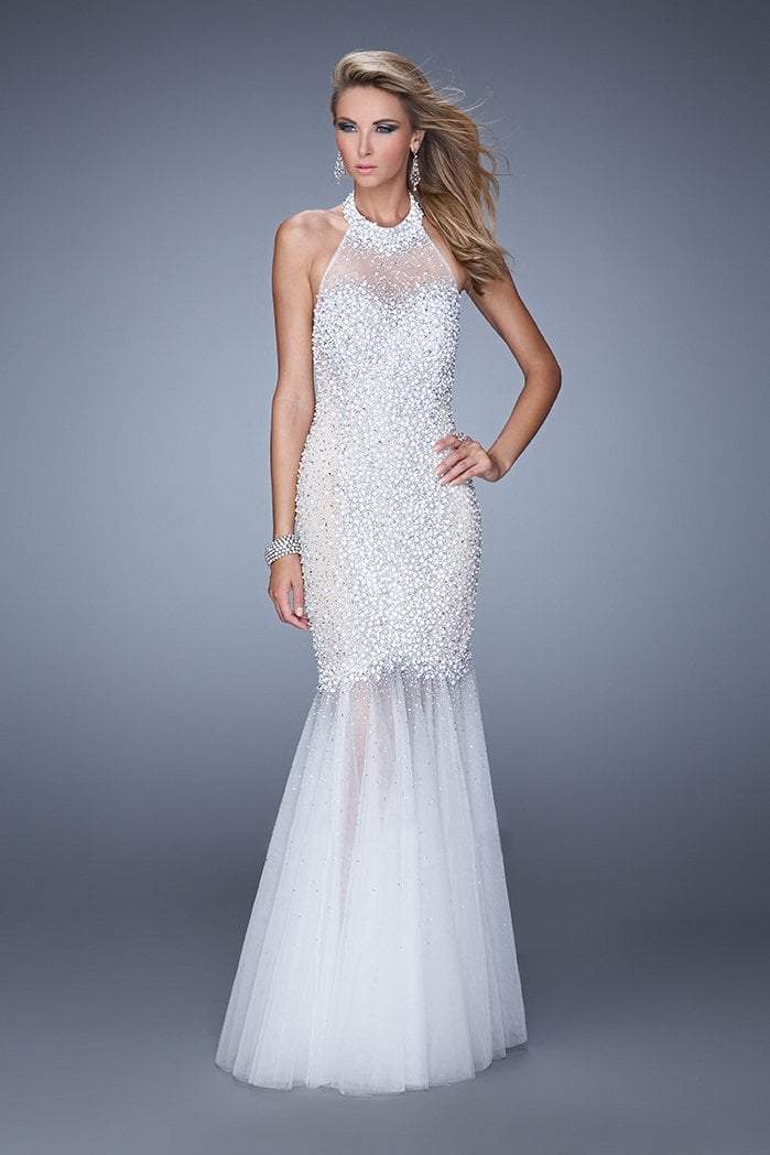 La Femme Gigi Bead Embellished Illusion Halter Mermaid Gown 21363 CCSALE 4 / White/Nude