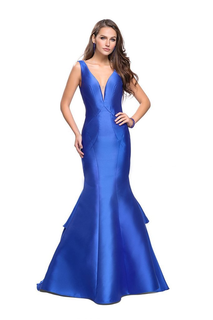 La Femme Gigi Plunging V-neck Mikado Mermaid Evening Gown 26046 - 1 pc Electric Blue In Size 4 Available CCSALE 4 / Electric Blue