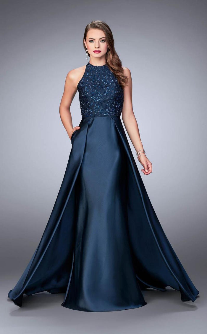 La Femme - High Halter Floral Evening Dress with Skirt Overlay 24252SC - 1 pc Navy in Size 2 Available CCSALE 4 / Navy